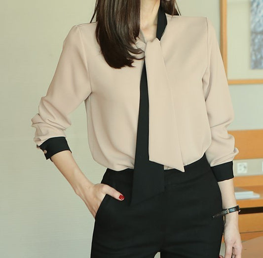 バイカラー ボウタイ シフォン ブラウス★ 全4色♪