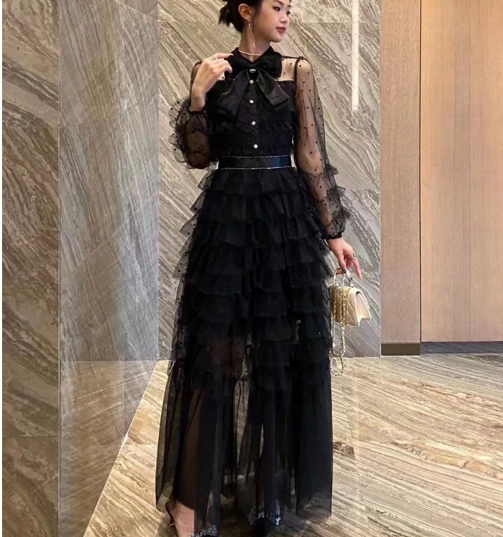 ドレス ワンピース 結婚式 華やか ティアード ボウタイ