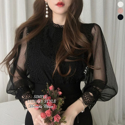 シースルー パフスリーブ 刺繍レース ブラウス★ 全2色♪