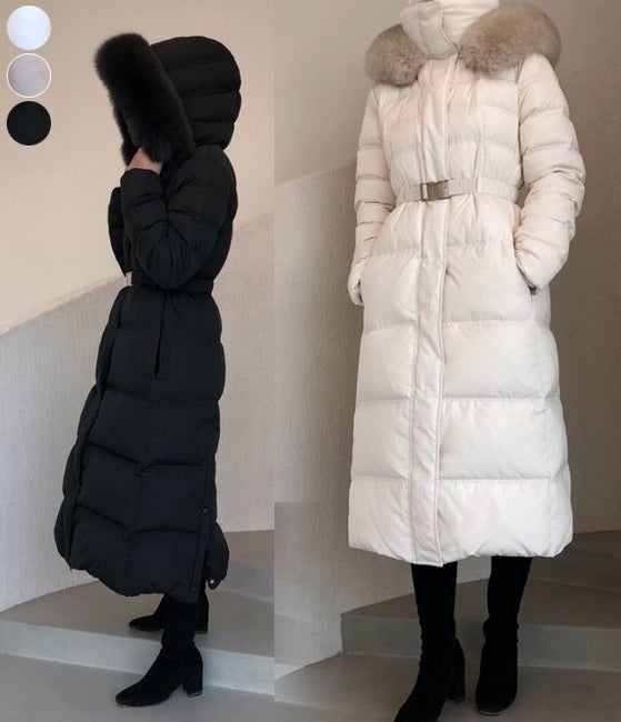 高級感 ふんわり リアルファー ベルト ロング ダウン コート◆