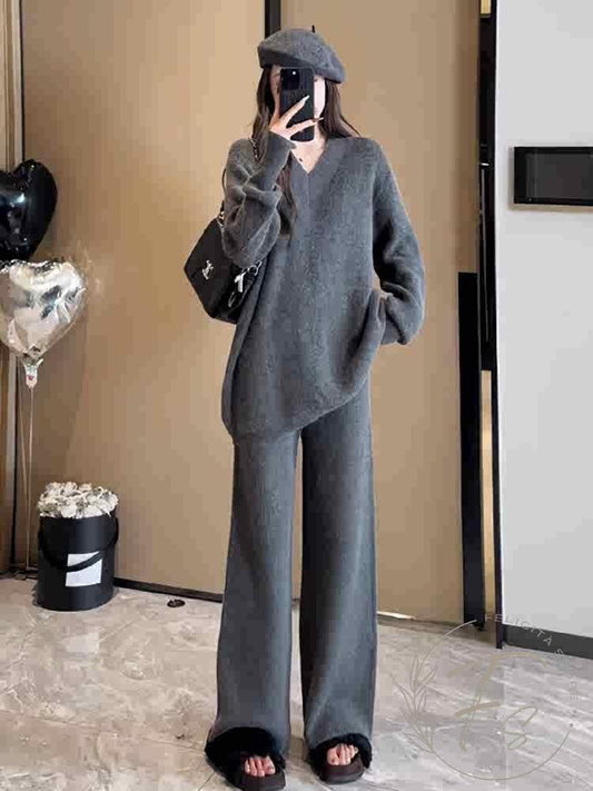 セットアップ ニット Vネック セーター ワイドパンツ 韓国
