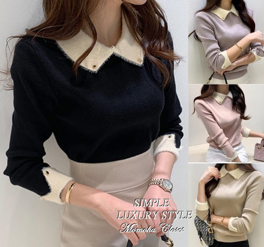 アンゴラファー カフス 襟配色 バイカラー ニット★　全4色♪