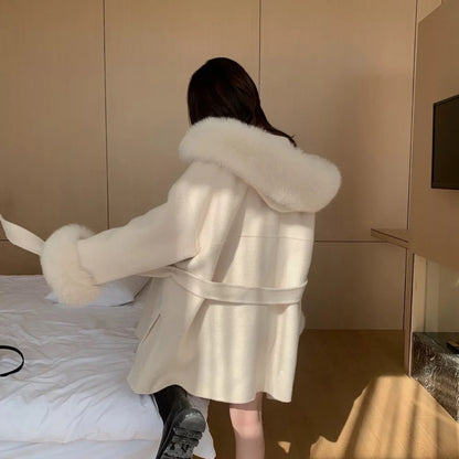 高見え♪韓国デザイン リアルファー ウール コート ガウンコート