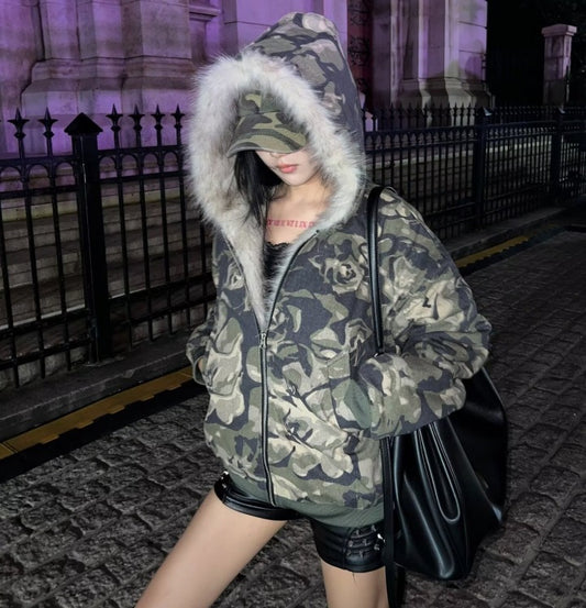 迷彩 ファー ジャケット パーカー フーディ フェイクファー Y2K