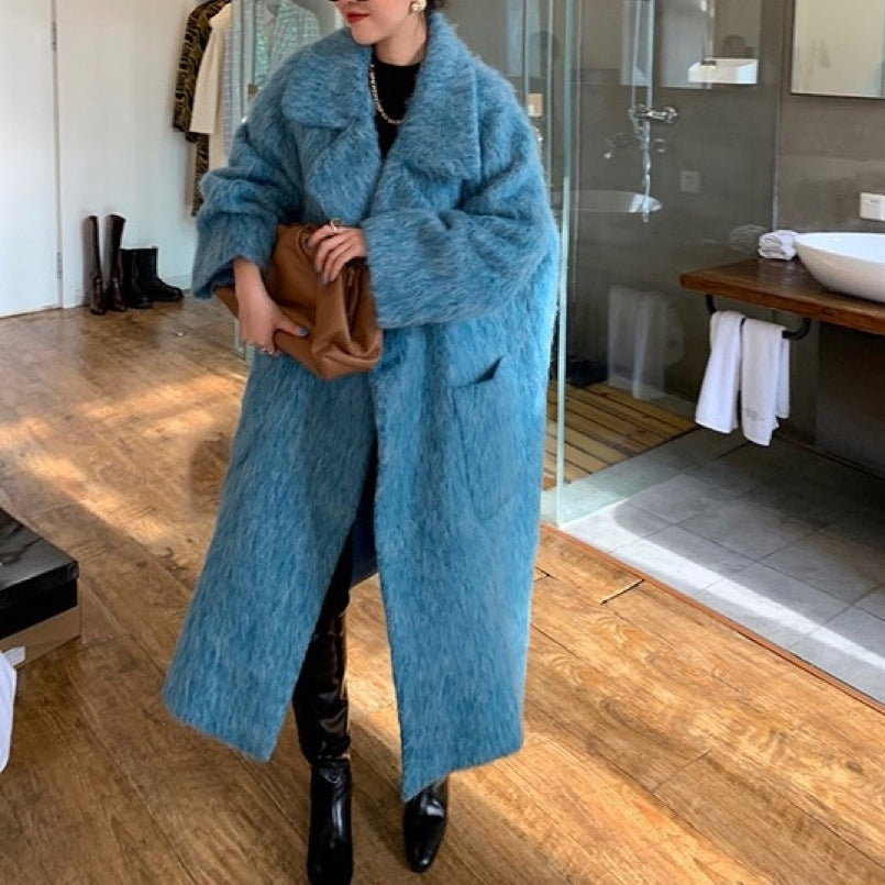 シャギー ボア コート ロング丈 アウター ブルー 韓国 n4420