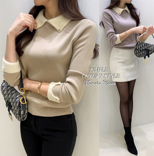 アンゴラファー カフス 襟配色 バイカラー ニット★　全4色♪