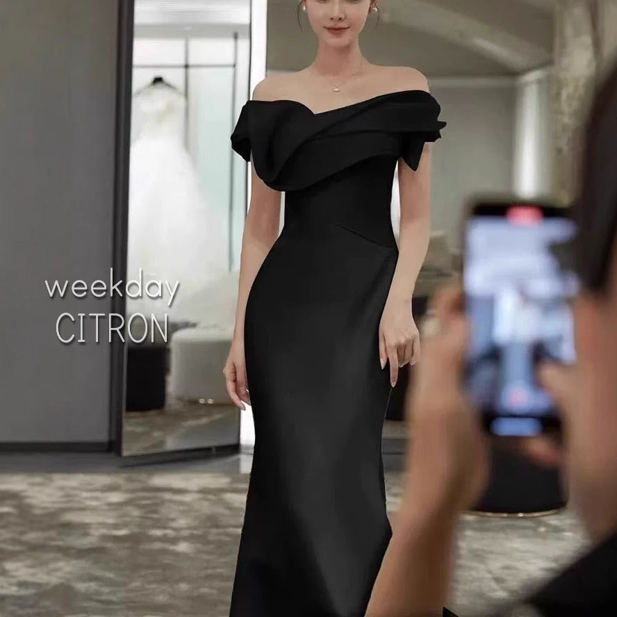 ブラック ロングドレス オフショルダー 結婚式 トレーン cr8754