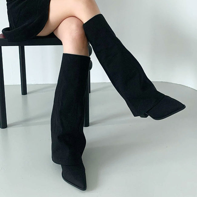 hrm■5cm 裾ワイド ポインテッドトゥ  ロングブーツ