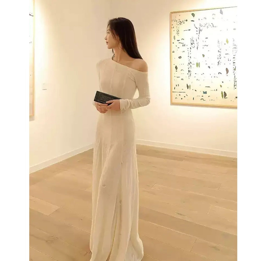 ワンショルダー ロング ドレス 長袖 シンプル 韓国 春秋 nr7853